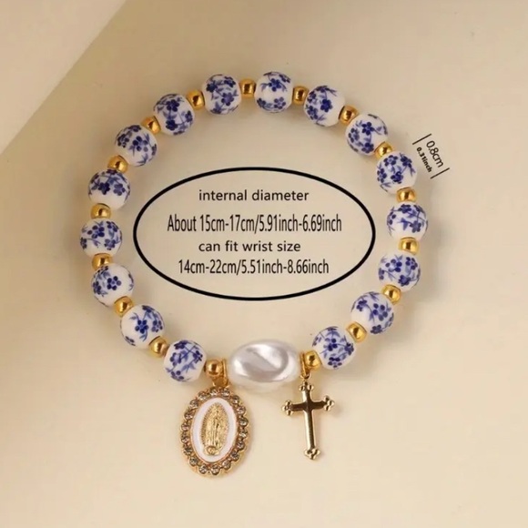 Chinese Blue White Porcelain Bead Bracelet Sacred Heart Pendant, Cross, jewelry - Picture 5 of 6